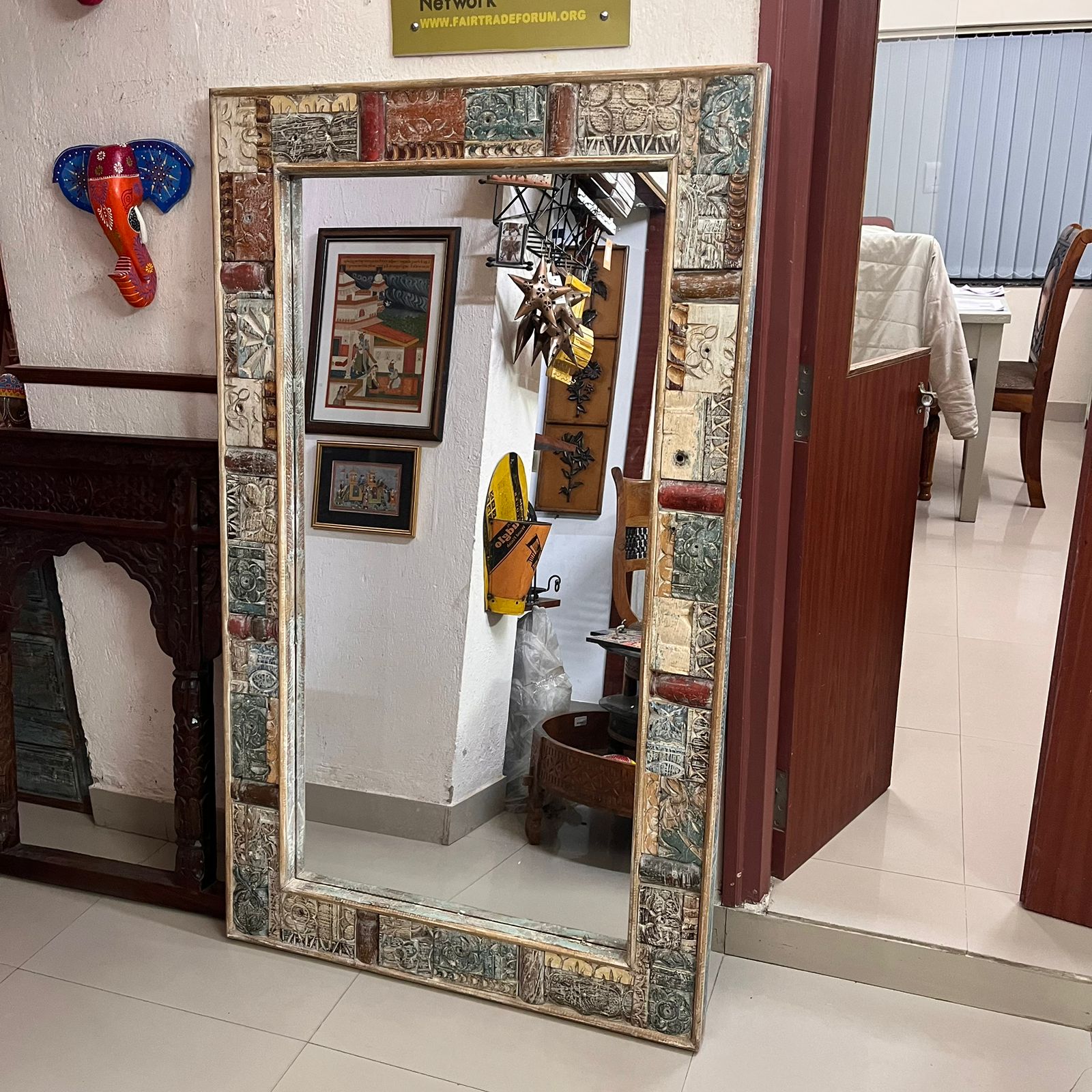 Reclaimed Carved Wood Mosaic Mirror Frame large 